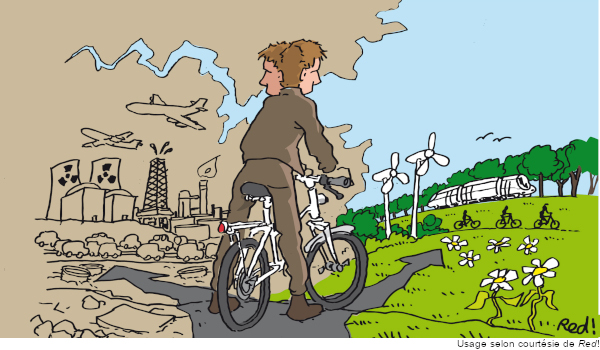 Une personne sur un vélo en train de regarder deux chemins, un qui mène vers des usines et l'autre vers une forêt
